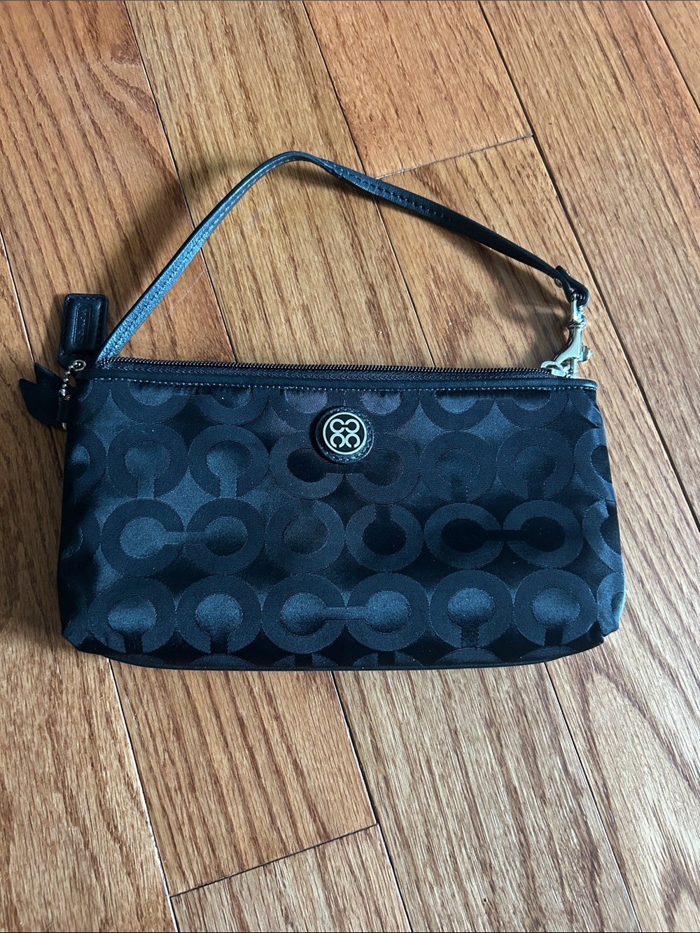 Coach Black Signature Jacquard Wristlet with Logo Medallion